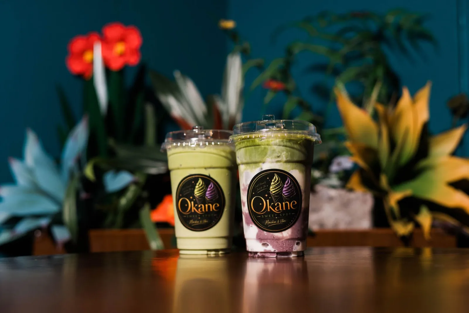 Matcha and ube swirl drinks at Okane Sweet Spot