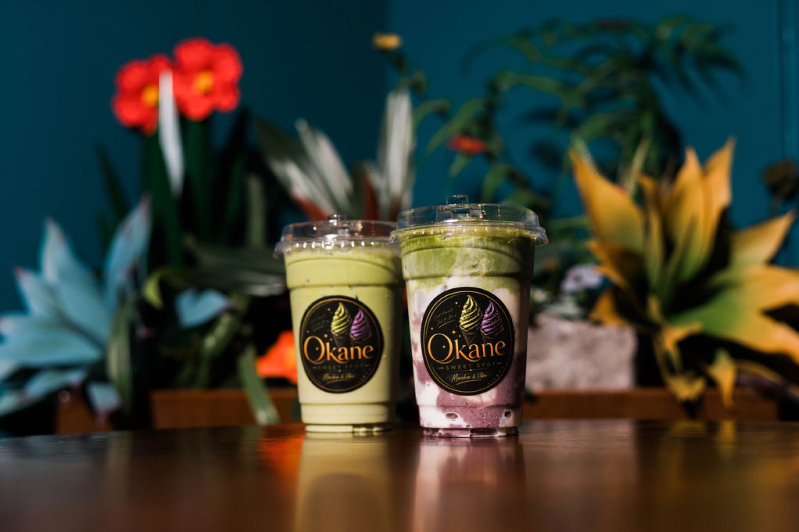 Matcha and ube swirl drinks at Okane Sweet Spot