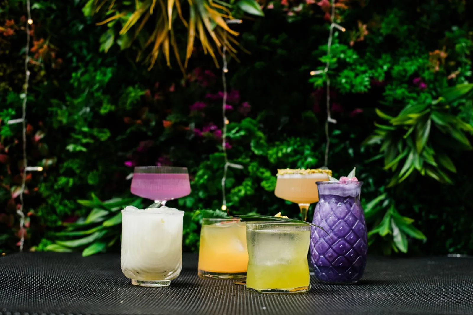 Signature cocktails against the rooftop greenery wall